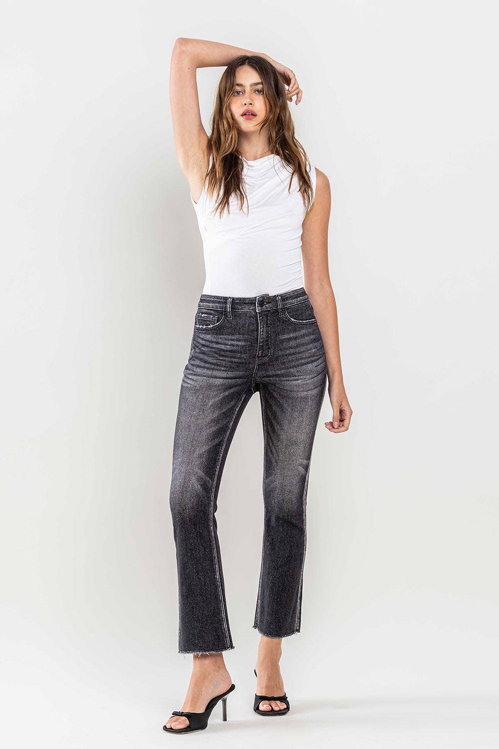 High Rise Raw Hem Kick Flare Black