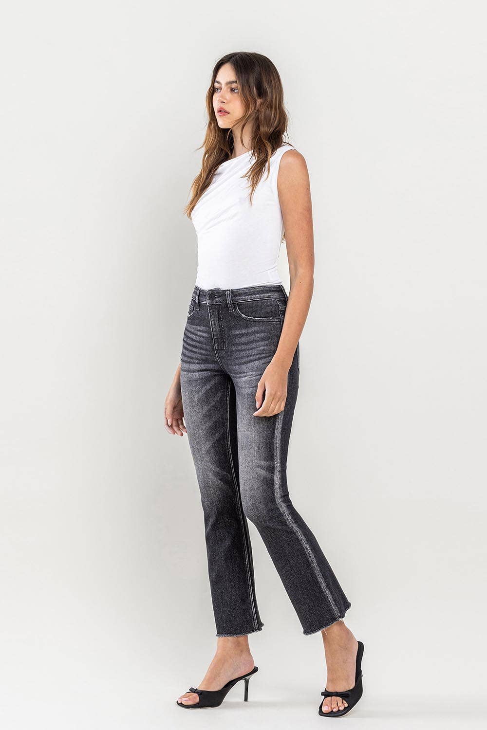 High Rise Raw Hem Kick Flare Black
