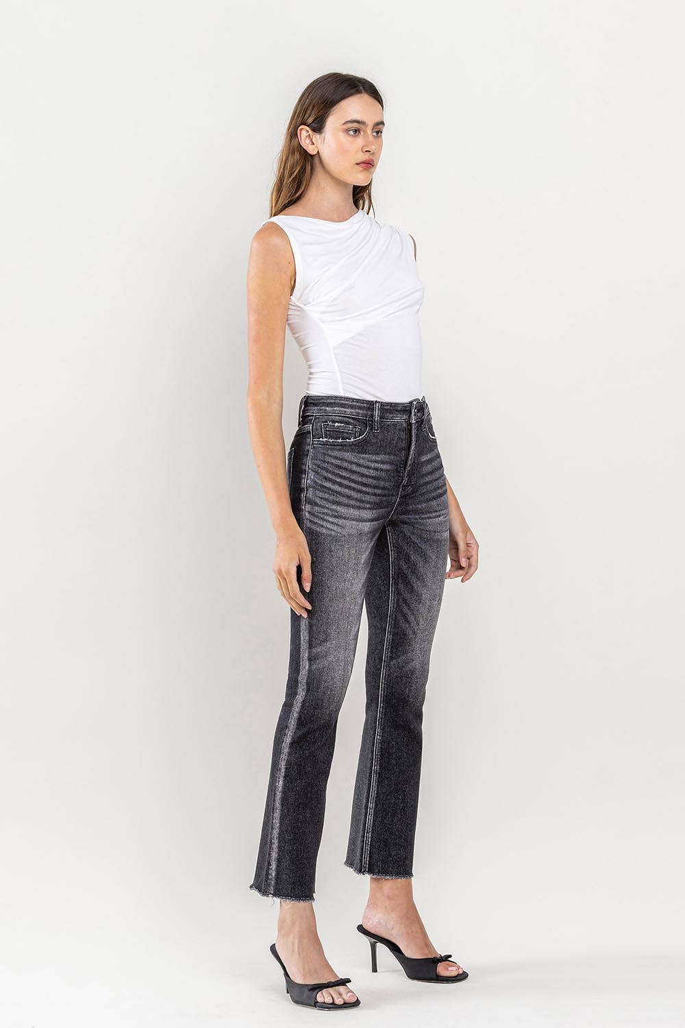 High Rise Raw Hem Kick Flare Black