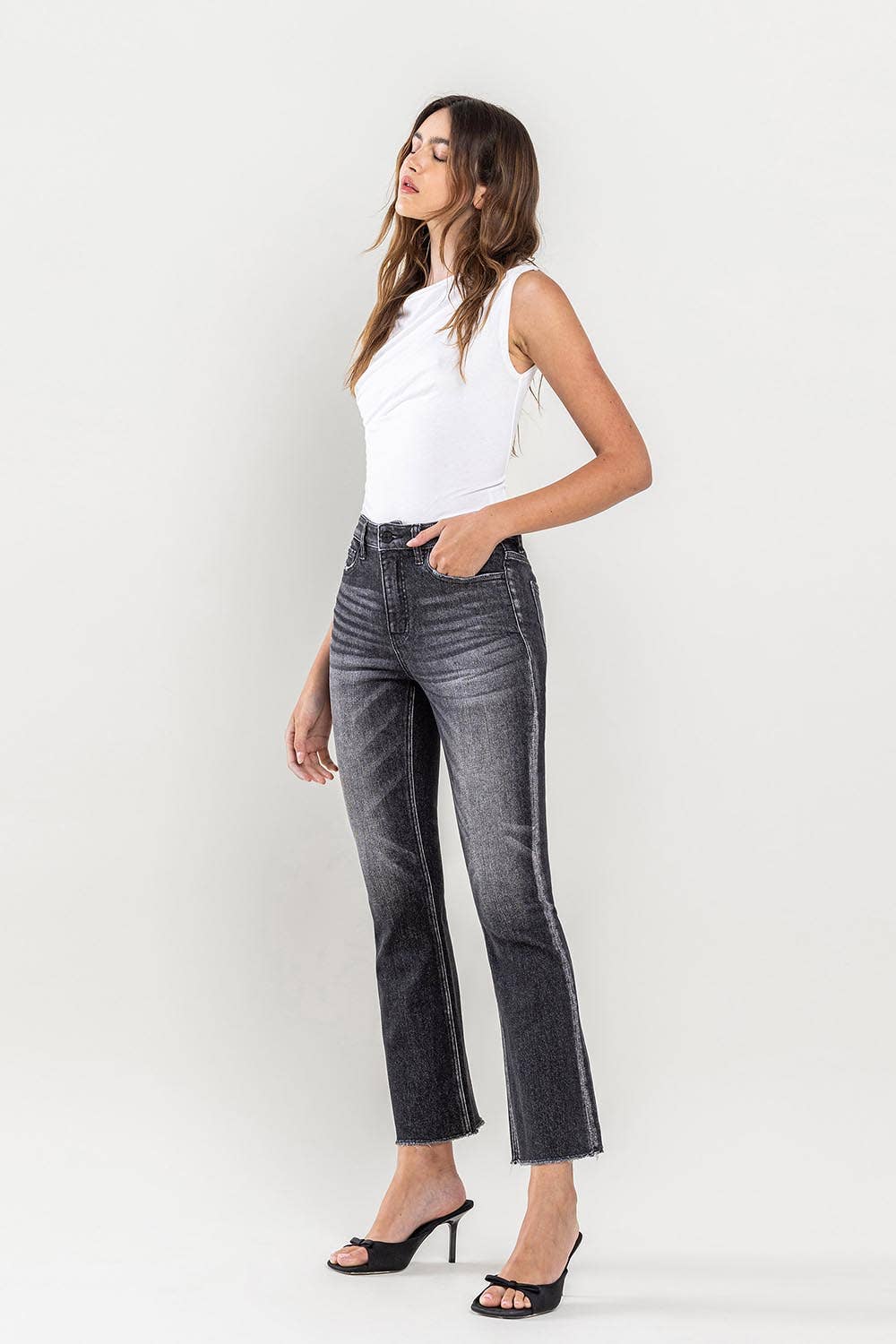 High Rise Raw Hem Kick Flare Black