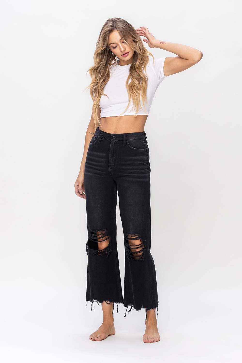 90S VINTAGE HIGH RISE CROP FLARE: BLACK