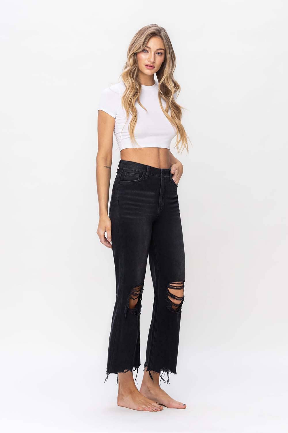 90S VINTAGE HIGH RISE CROP FLARE: BLACK