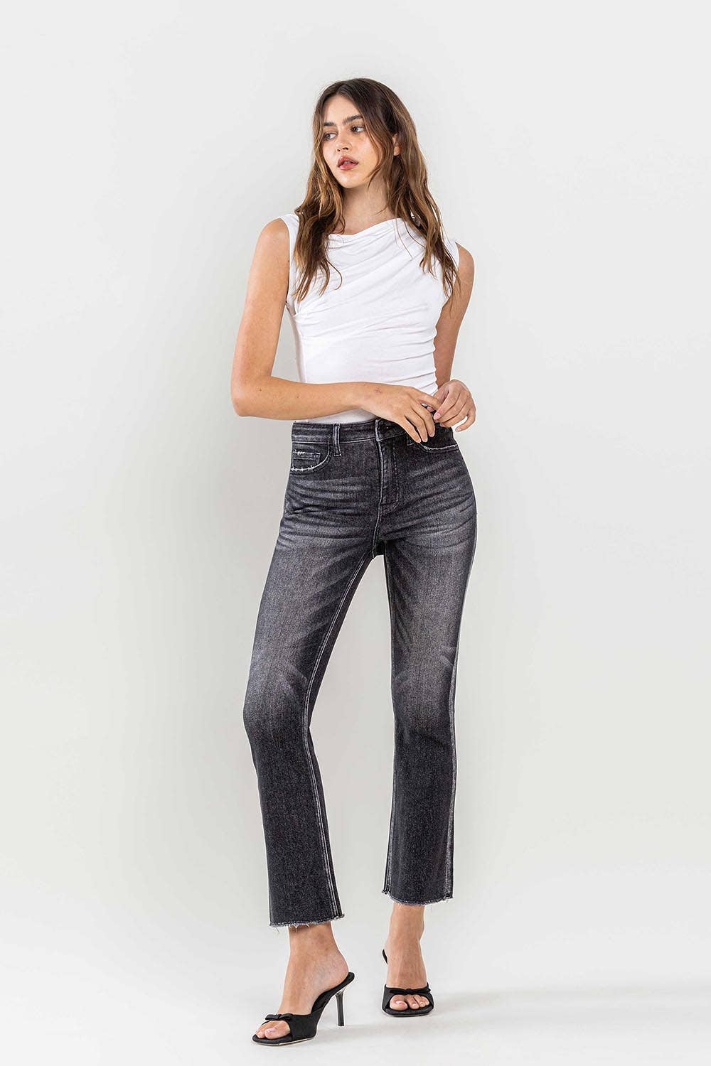 High Rise Raw Hem Kick Flare Black