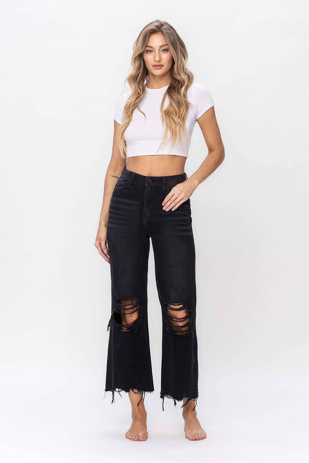 90S VINTAGE HIGH RISE CROP FLARE: BLACK