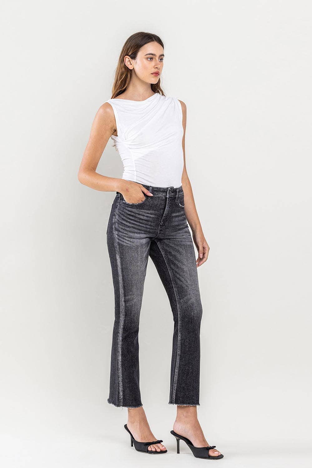 High Rise Raw Hem Kick Flare Black