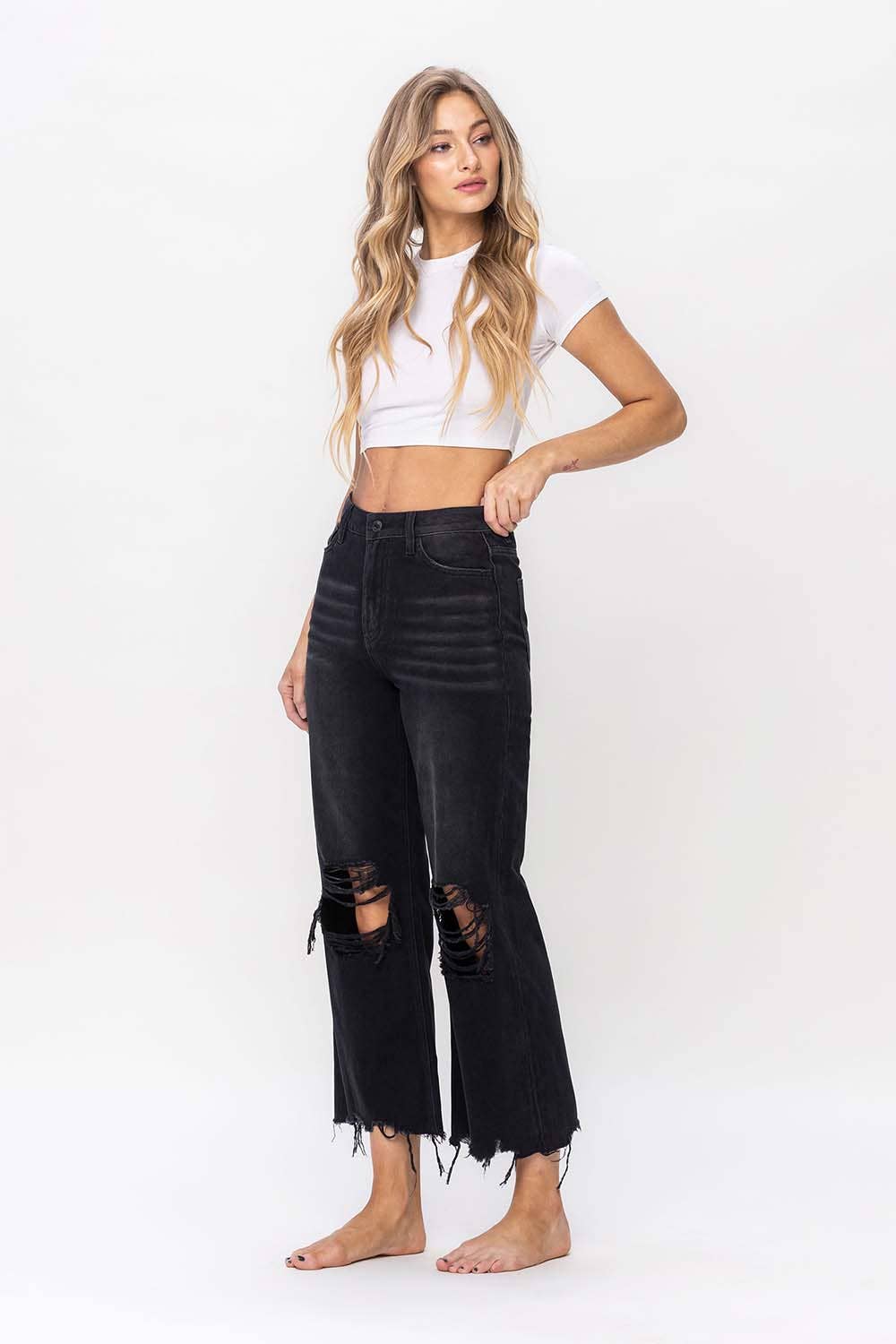 90S VINTAGE HIGH RISE CROP FLARE: BLACK