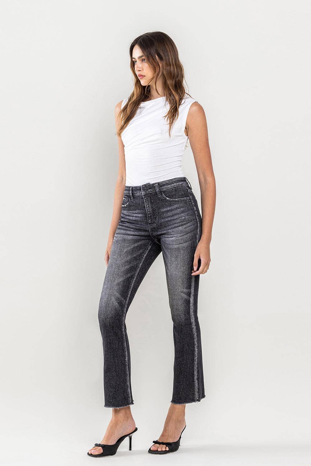 High Rise Raw Hem Kick Flare Black