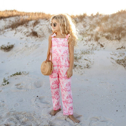 Kids Pink Floral Ruffle Pocket Jumpsuit