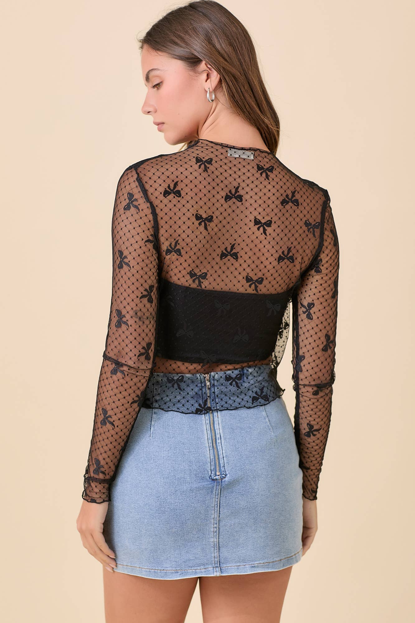 Bow Mesh Long Sleeve Top