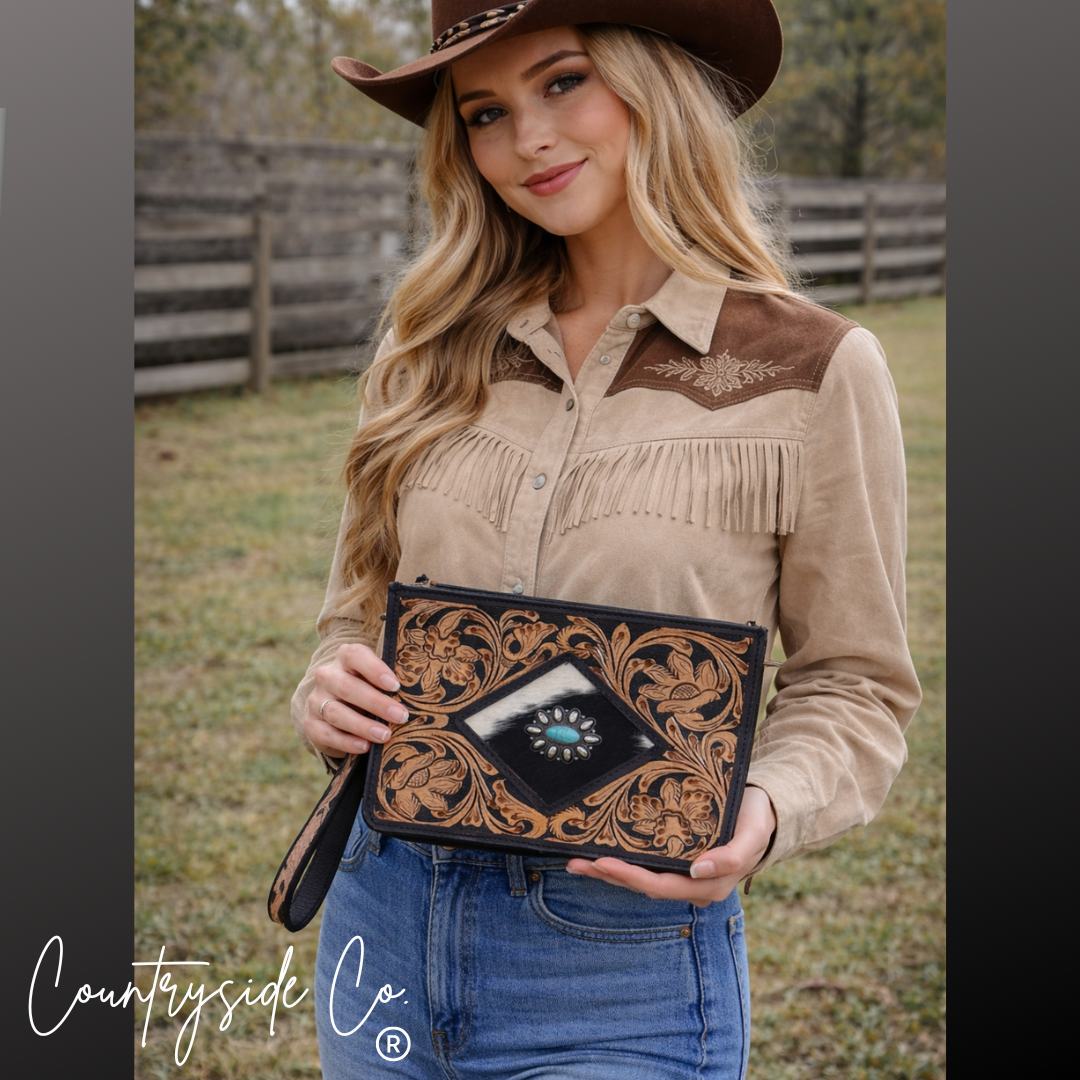 Tooled Leather Handbag & Wristlet