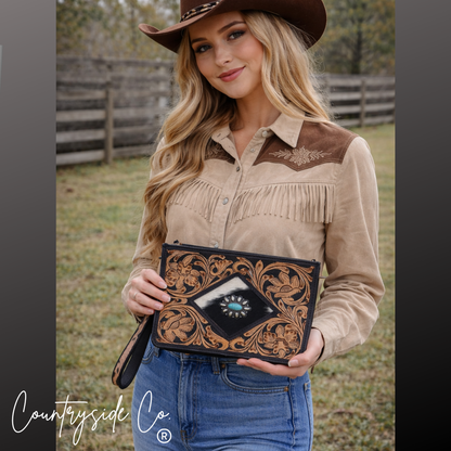 Tooled Leather Handbag & Wristlet