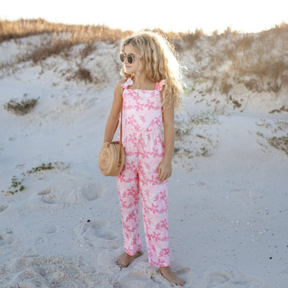 Kids Pink Floral Ruffle Pocket Jumpsuit