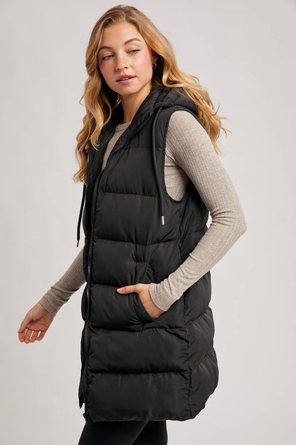 HOODED DOWN LONGLINE PUFFER VEST