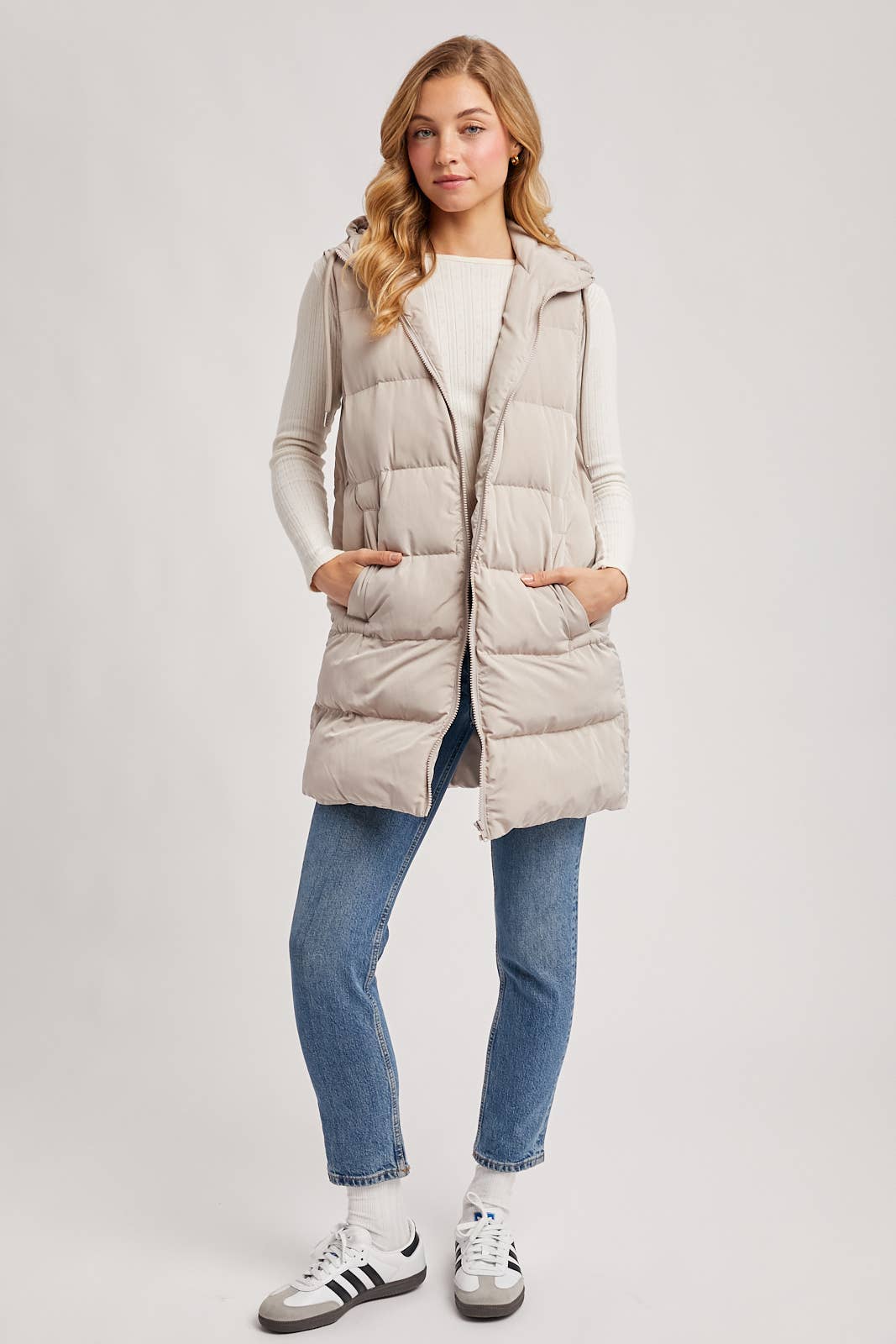 HOODED DOWN LONGLINE PUFFER VEST