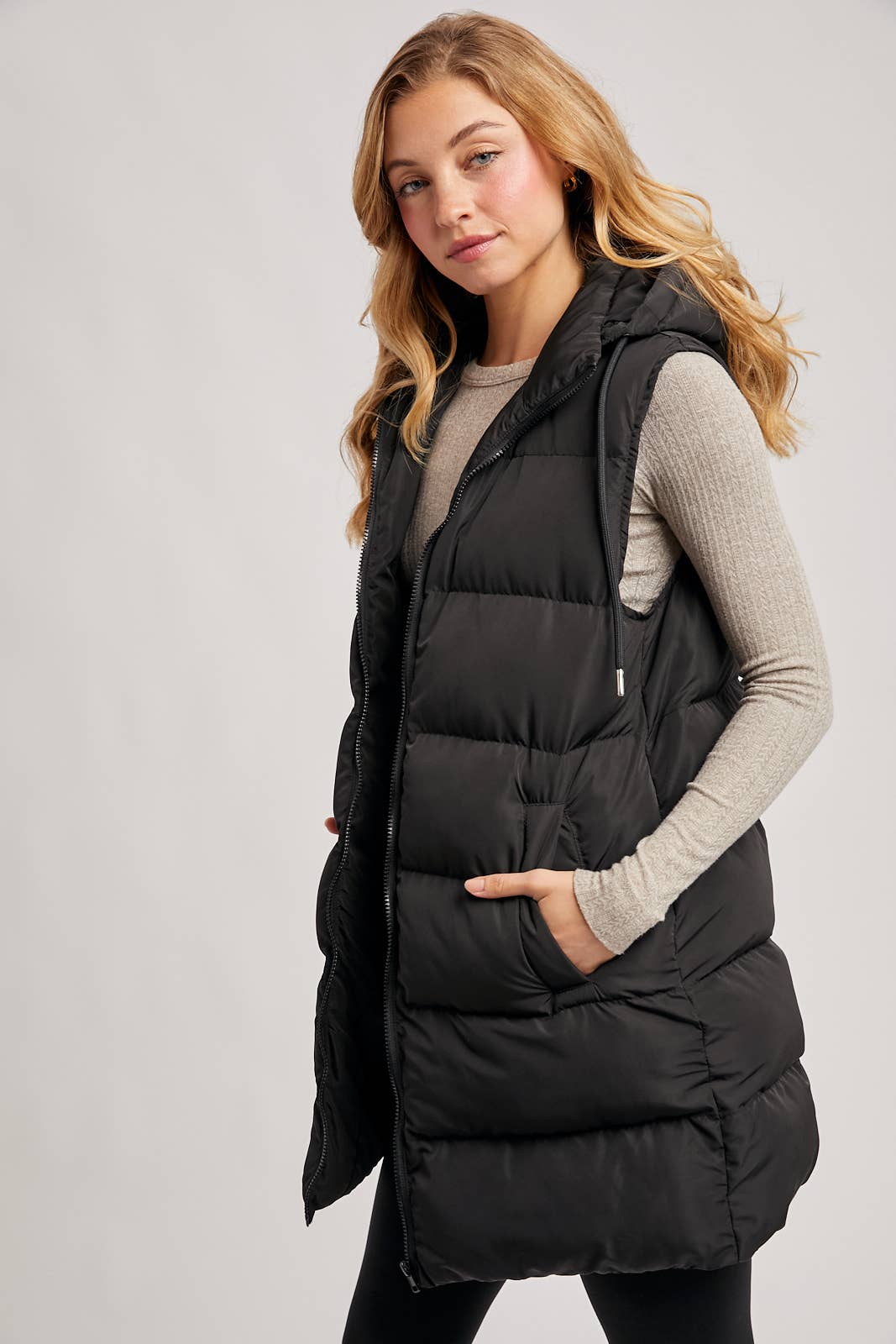 HOODED DOWN LONGLINE PUFFER VEST