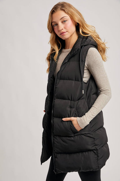 HOODED DOWN LONGLINE PUFFER VEST