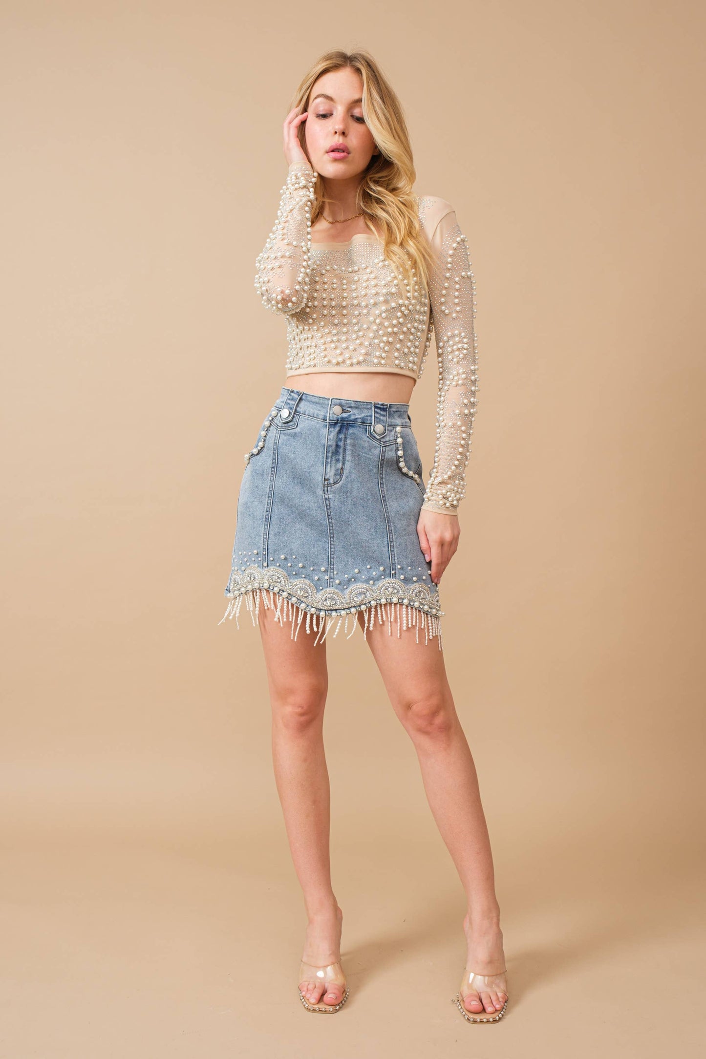 Denim Embellished Pearl Fringe Mini Skirt