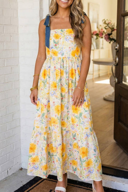 Floral Stitched Knot Denim Straps Maxi Dress