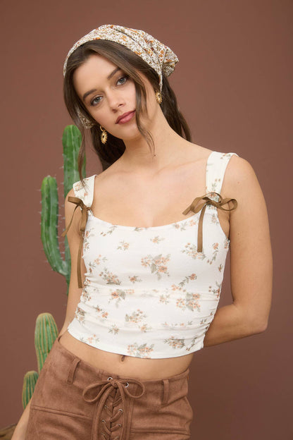 FLORAL RIBBON BOW DETAIL SLEEVELESS CROP TOP