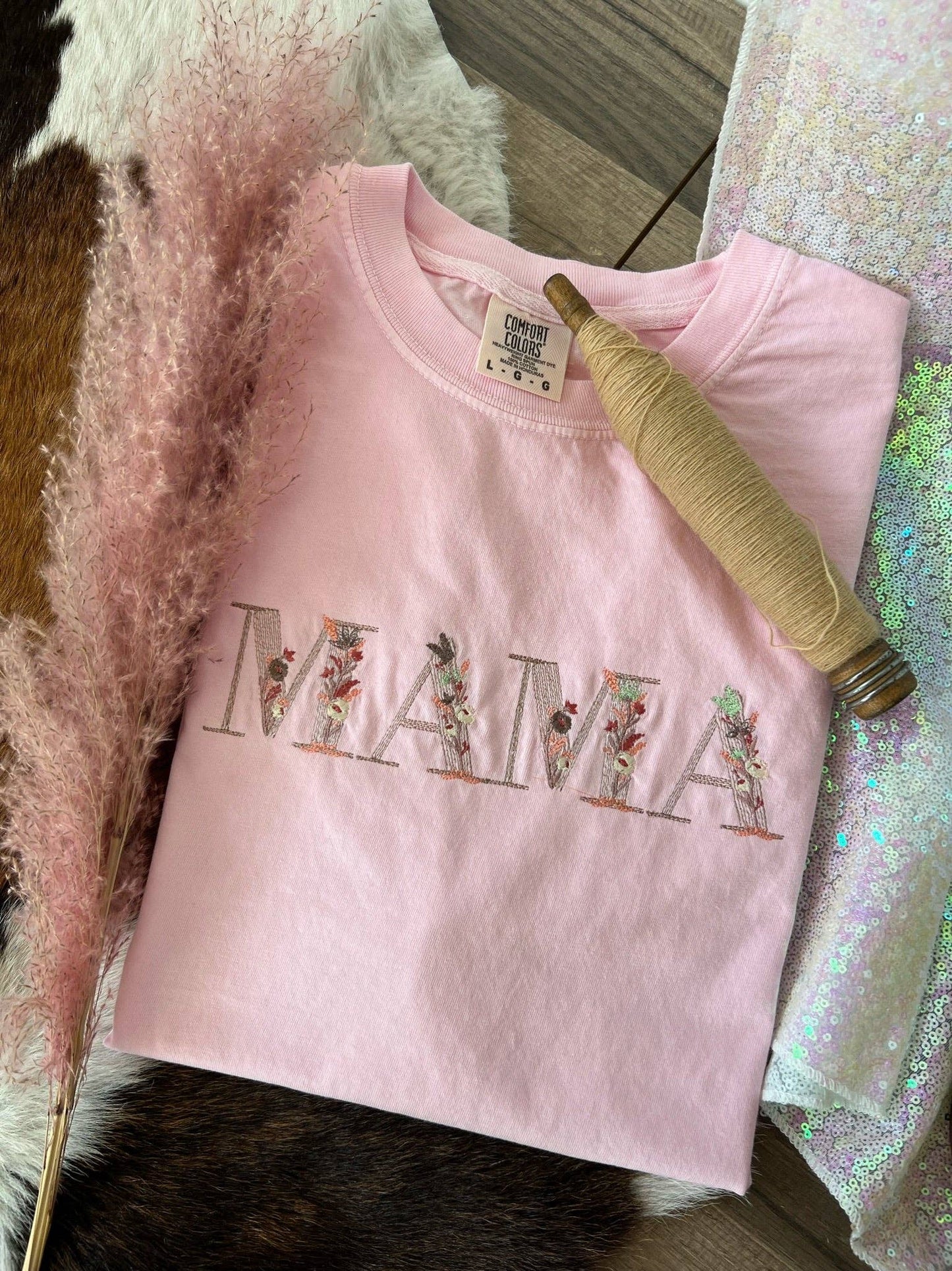 Mama Embroidered Flowers Tee