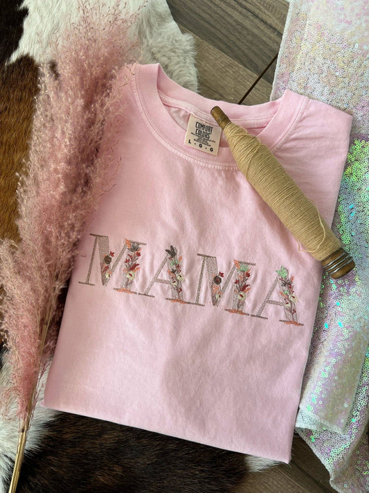 Mama Embroidered Flowers Tee