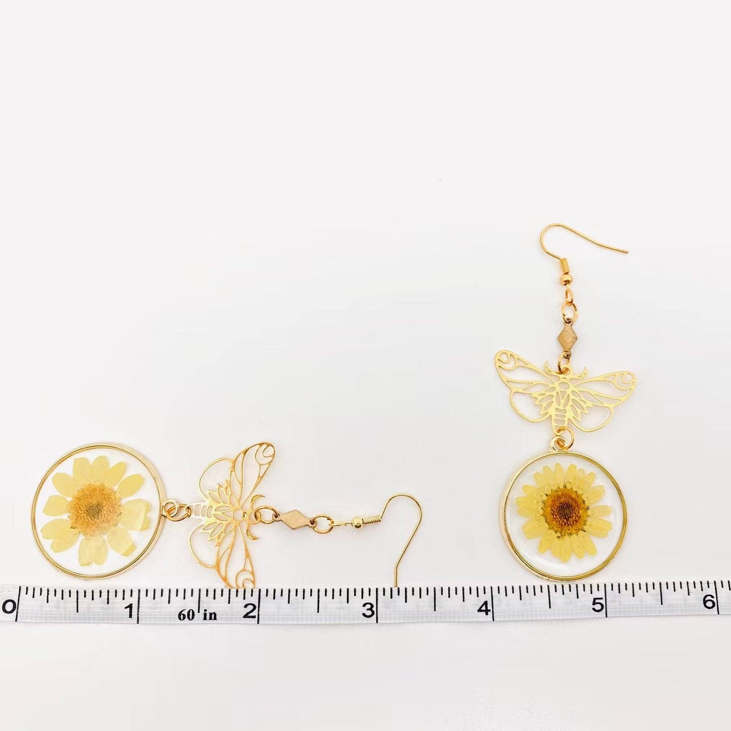 Daisy Pressed Flowers Moth Pendant Earrings