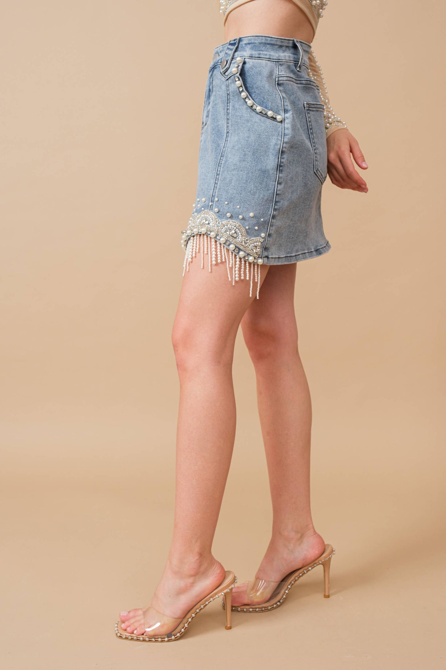 Denim Embellished Pearl Fringe Mini Skirt