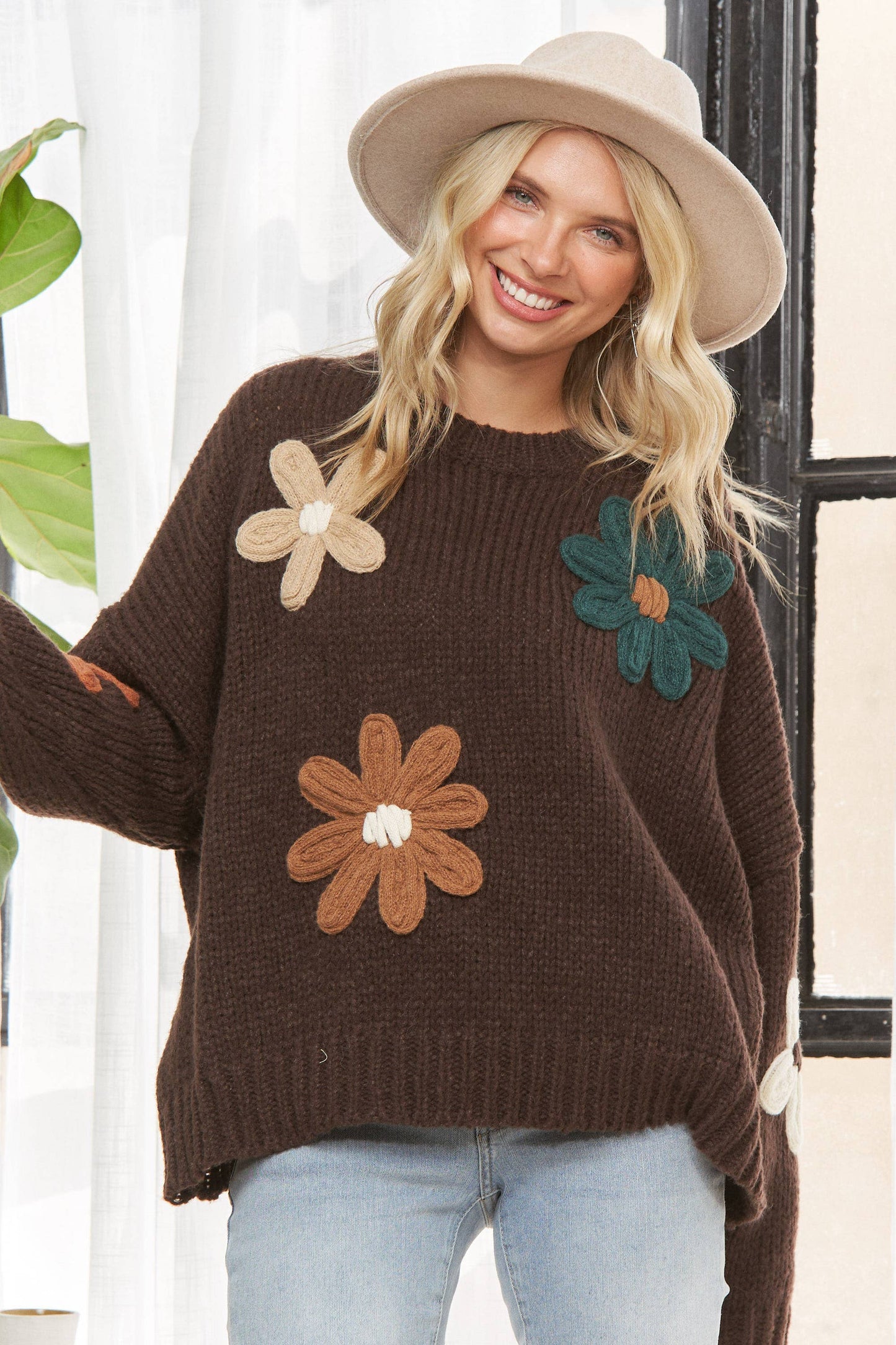 DROP SHOULDER FLORAL SWEATER