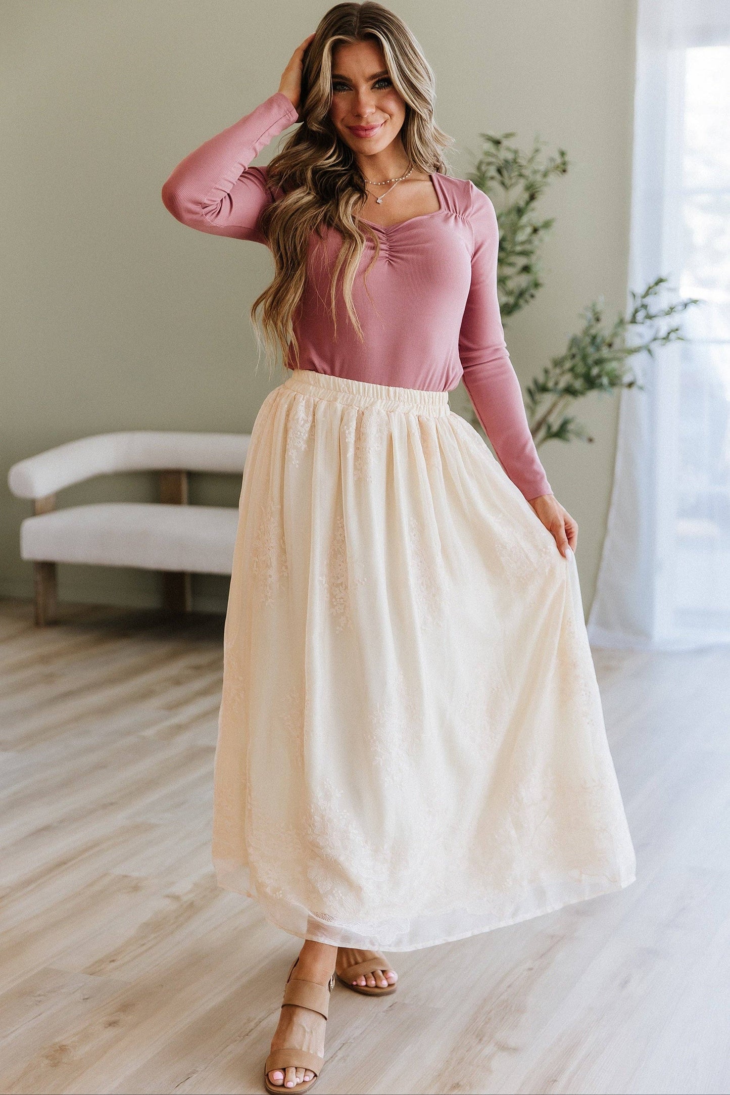 Oatmeal Mesh Overlay Skirt
