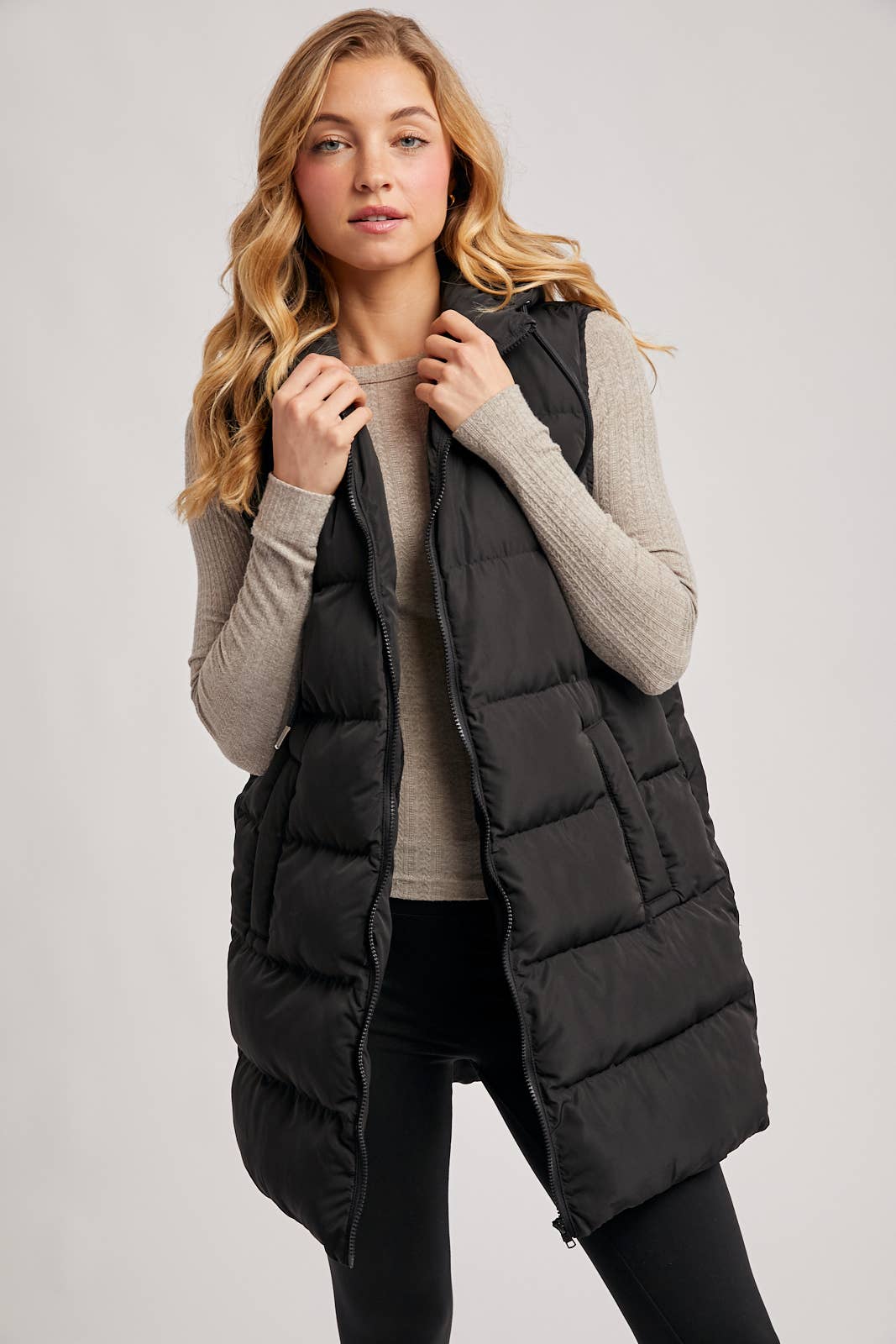 HOODED DOWN LONGLINE PUFFER VEST