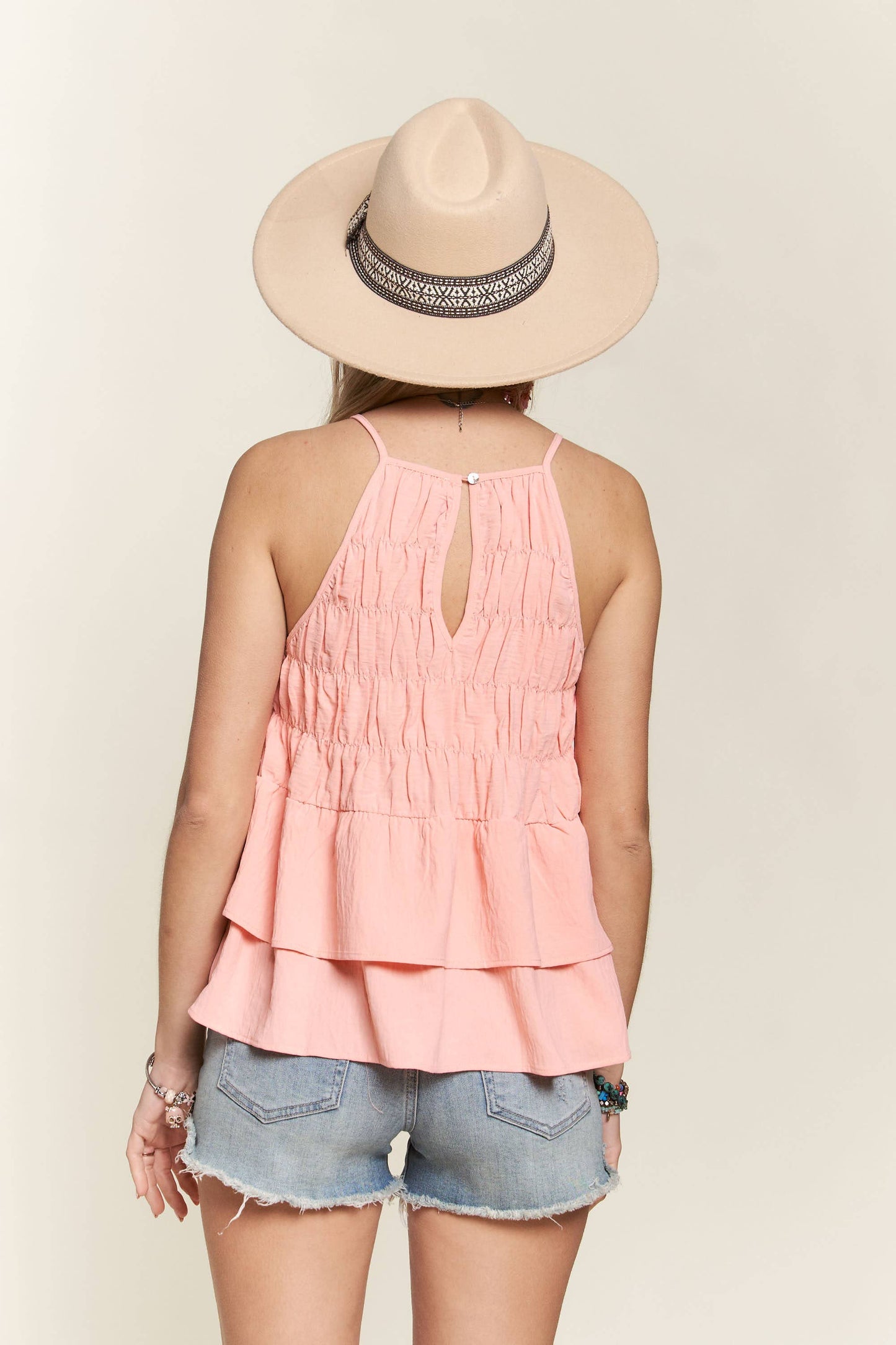 HALTER SMOCKED TANK Peach