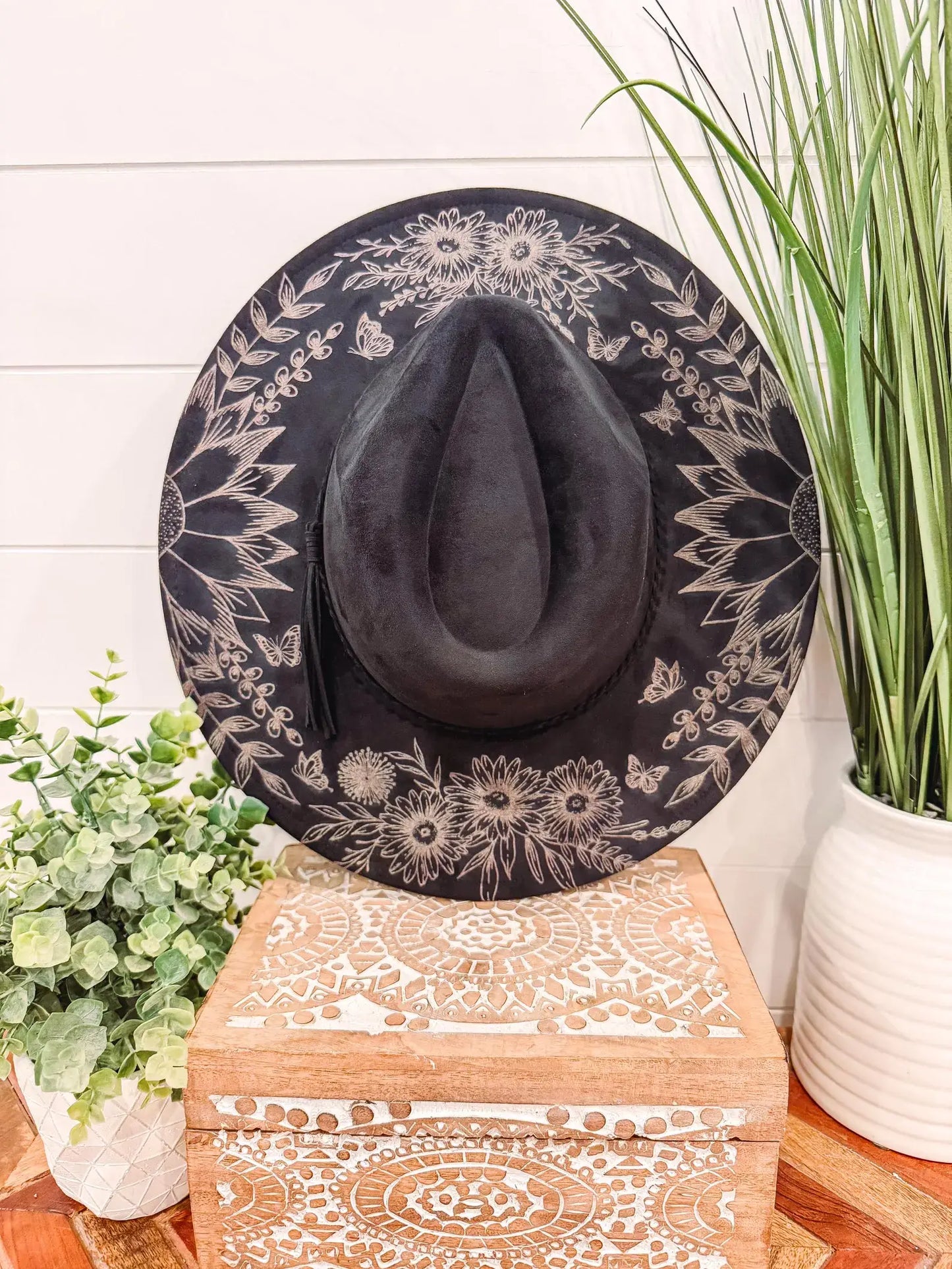 Black Burnt Floral Hat