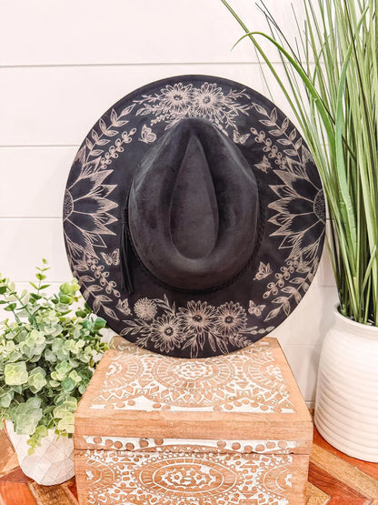Black Burnt Floral Hat
