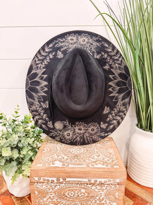 Black Burnt Floral Hat