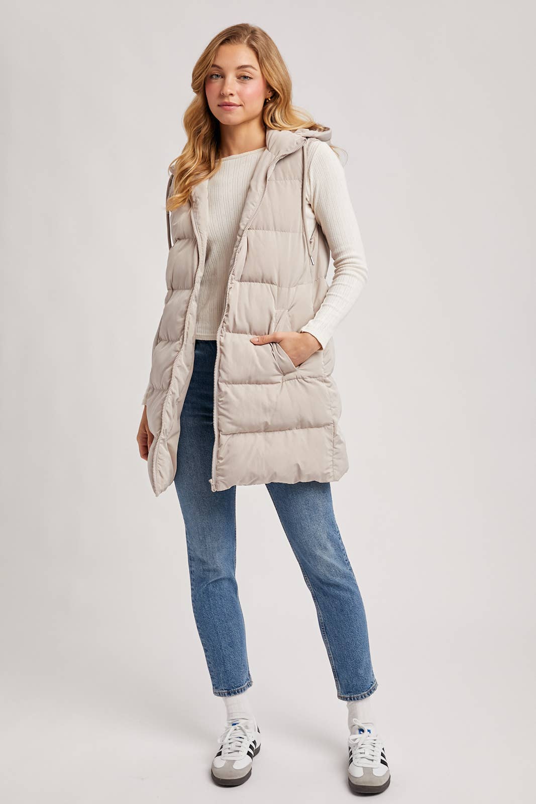 HOODED DOWN LONGLINE PUFFER VEST