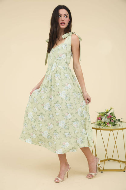 FLORAL CORSET DETAIL TIE STRAP MIDI DRESS