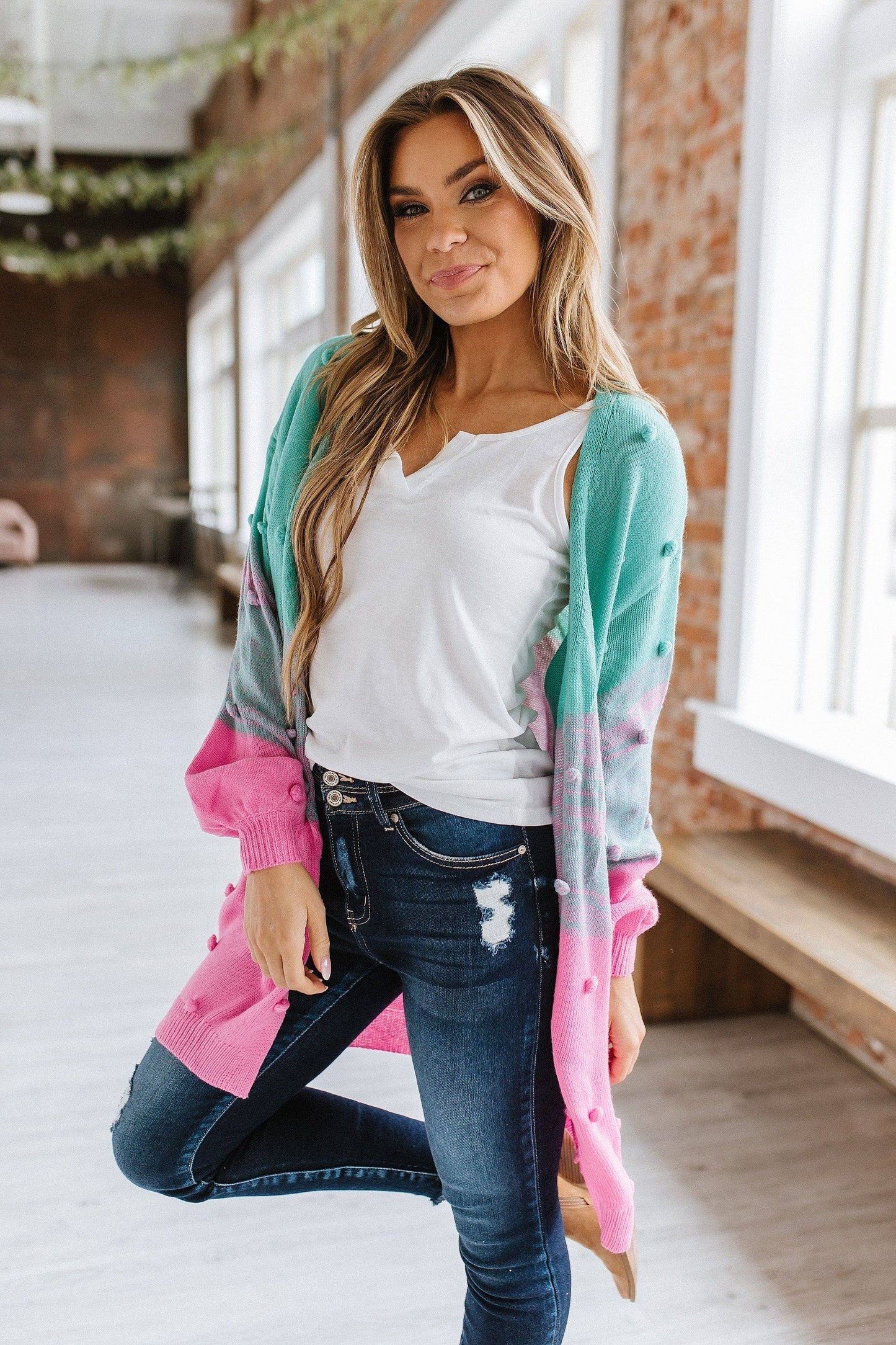 Pompom Color Block Cardigan