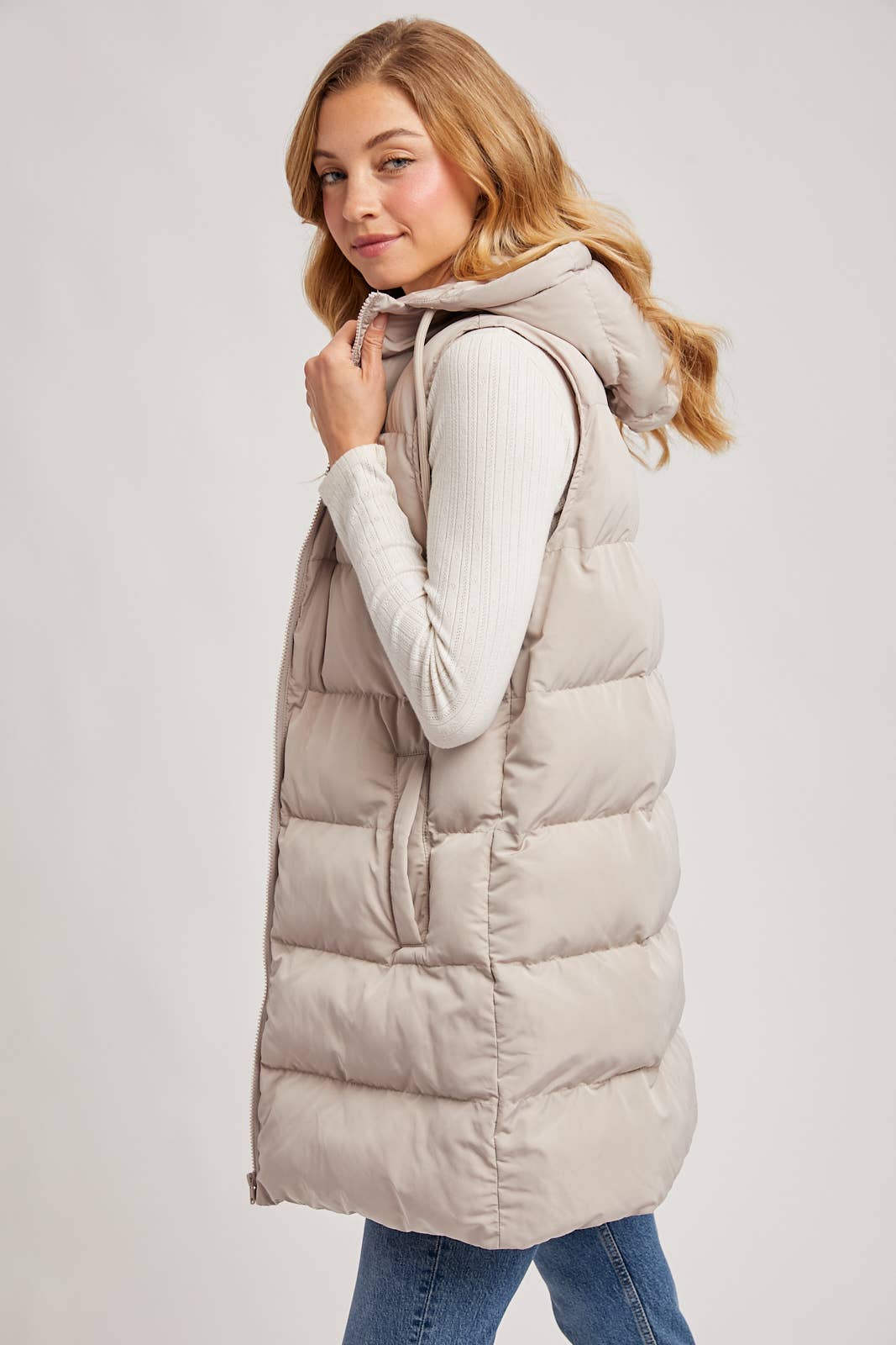 HOODED DOWN LONGLINE PUFFER VEST