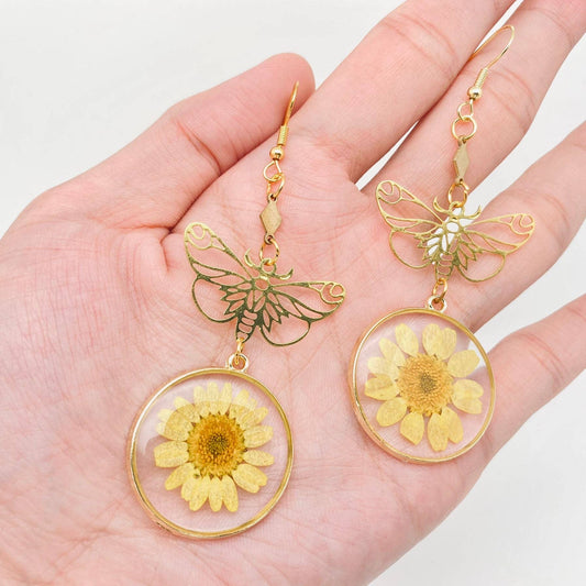 Daisy Pressed Flowers Moth Pendant Earrings