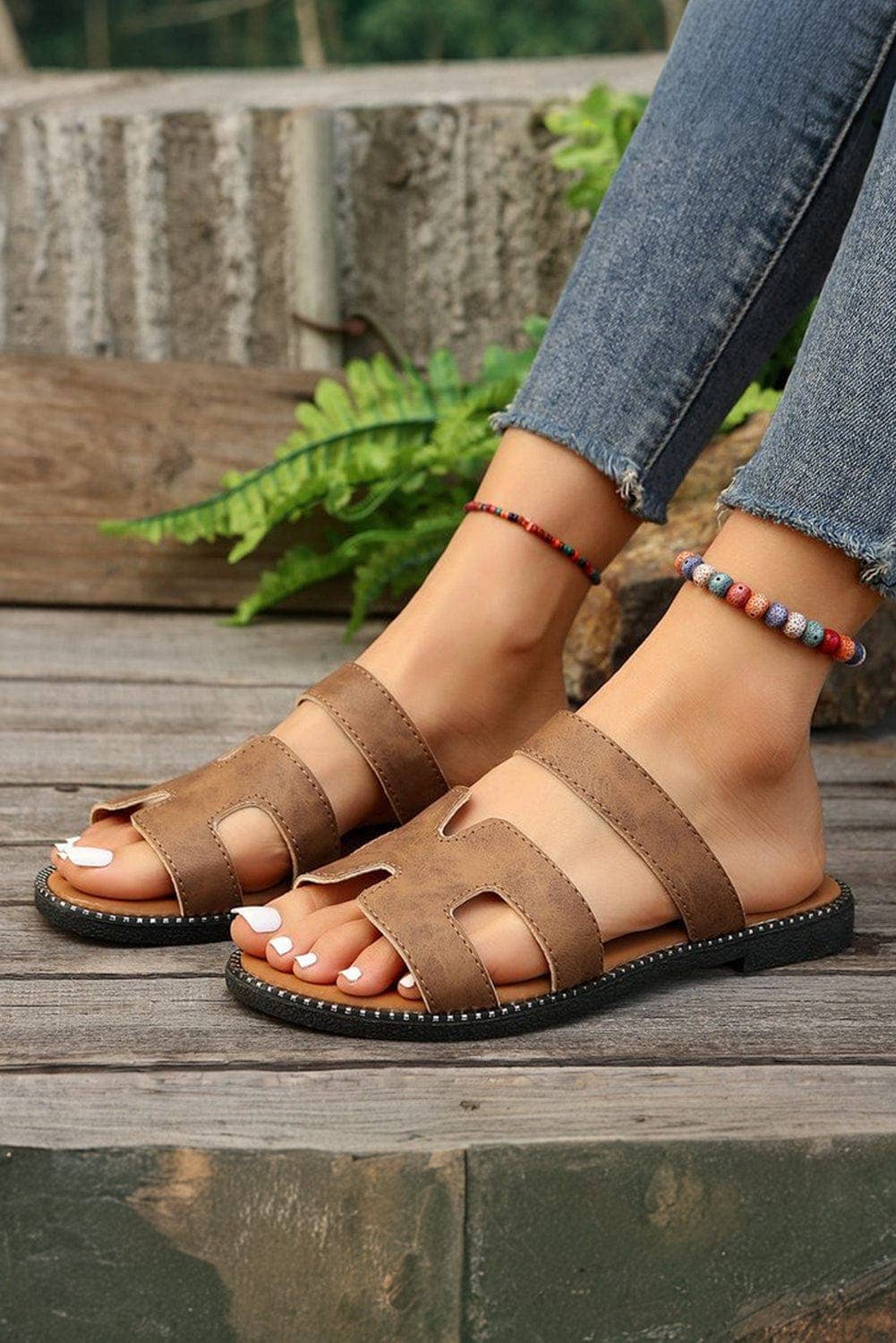 Leather Flat Slide Sandals