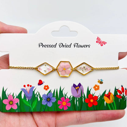 Dried Flowers Floral Geometric Charm Golden Bracelet