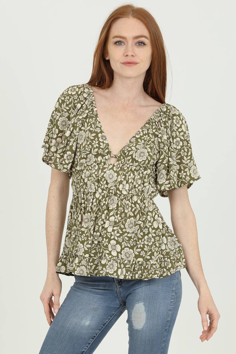 V NECK WIDE SLEEVE BLOUSE: S