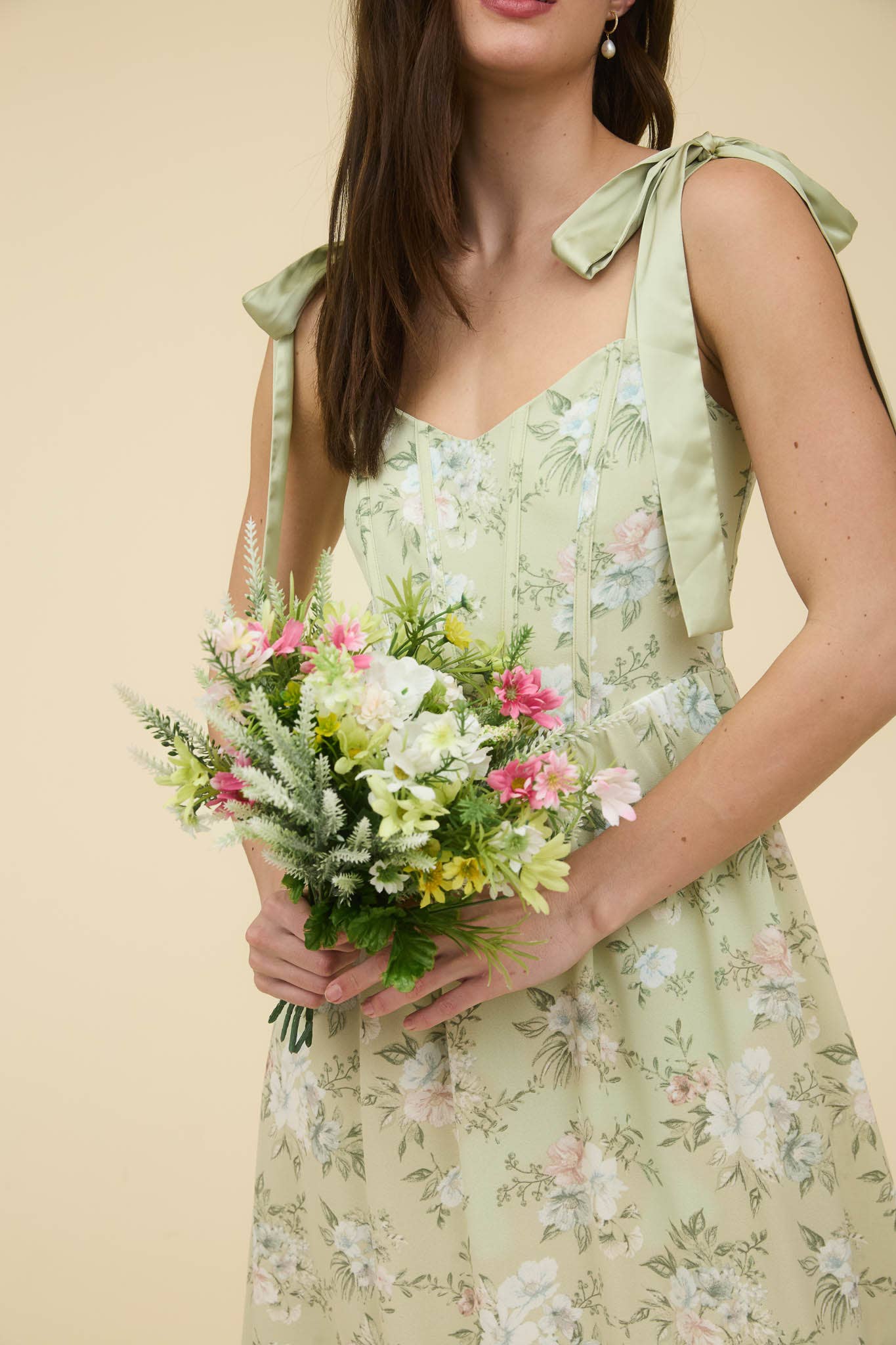FLORAL CORSET DETAIL TIE STRAP MIDI DRESS