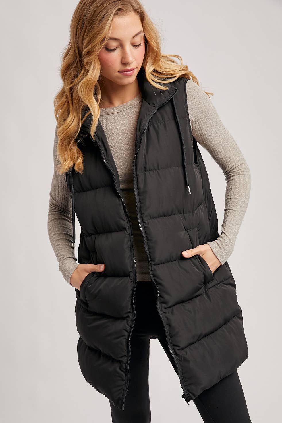 HOODED DOWN LONGLINE PUFFER VEST