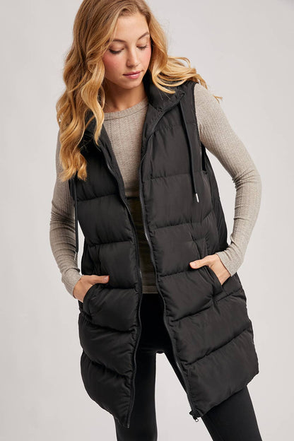 HOODED DOWN LONGLINE PUFFER VEST