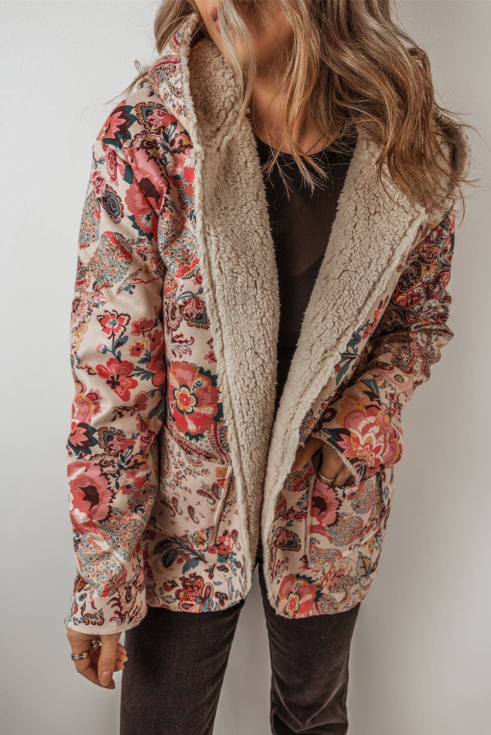 Paisley Floral Print Sherpa Lined Hooded Jacket