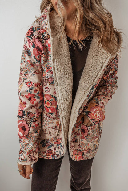 Paisley Floral Print Sherpa Lined Hooded Jacket