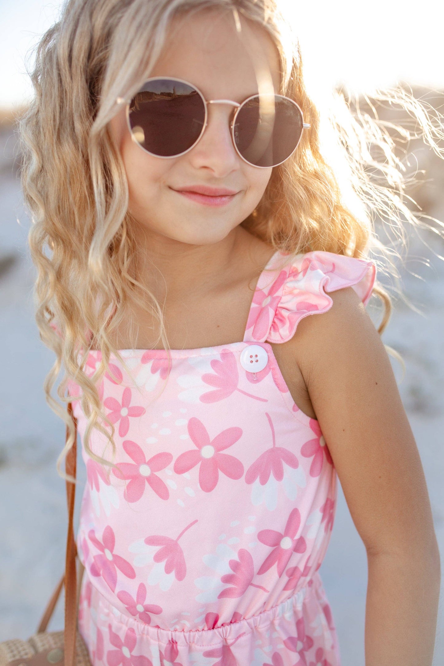 Kids Pink Floral Ruffle Pocket Jumpsuit