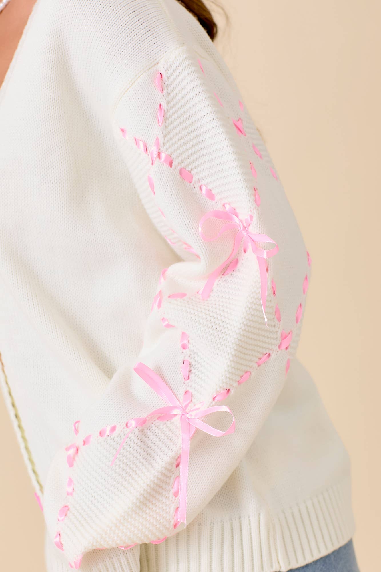 Hand Sewn Satin Ribbon Detail Cardigan