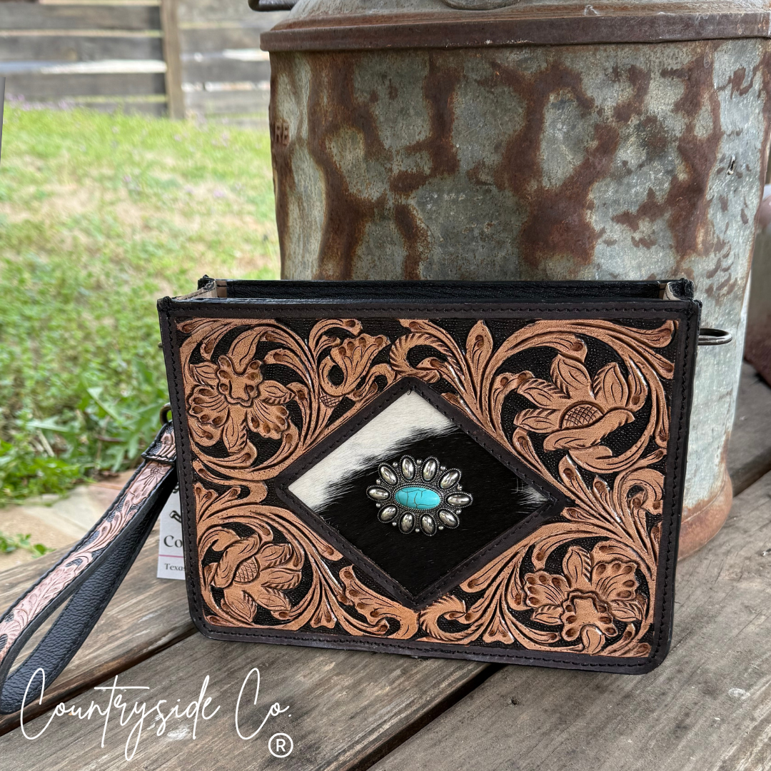 Tooled Leather Handbag & Wristlet